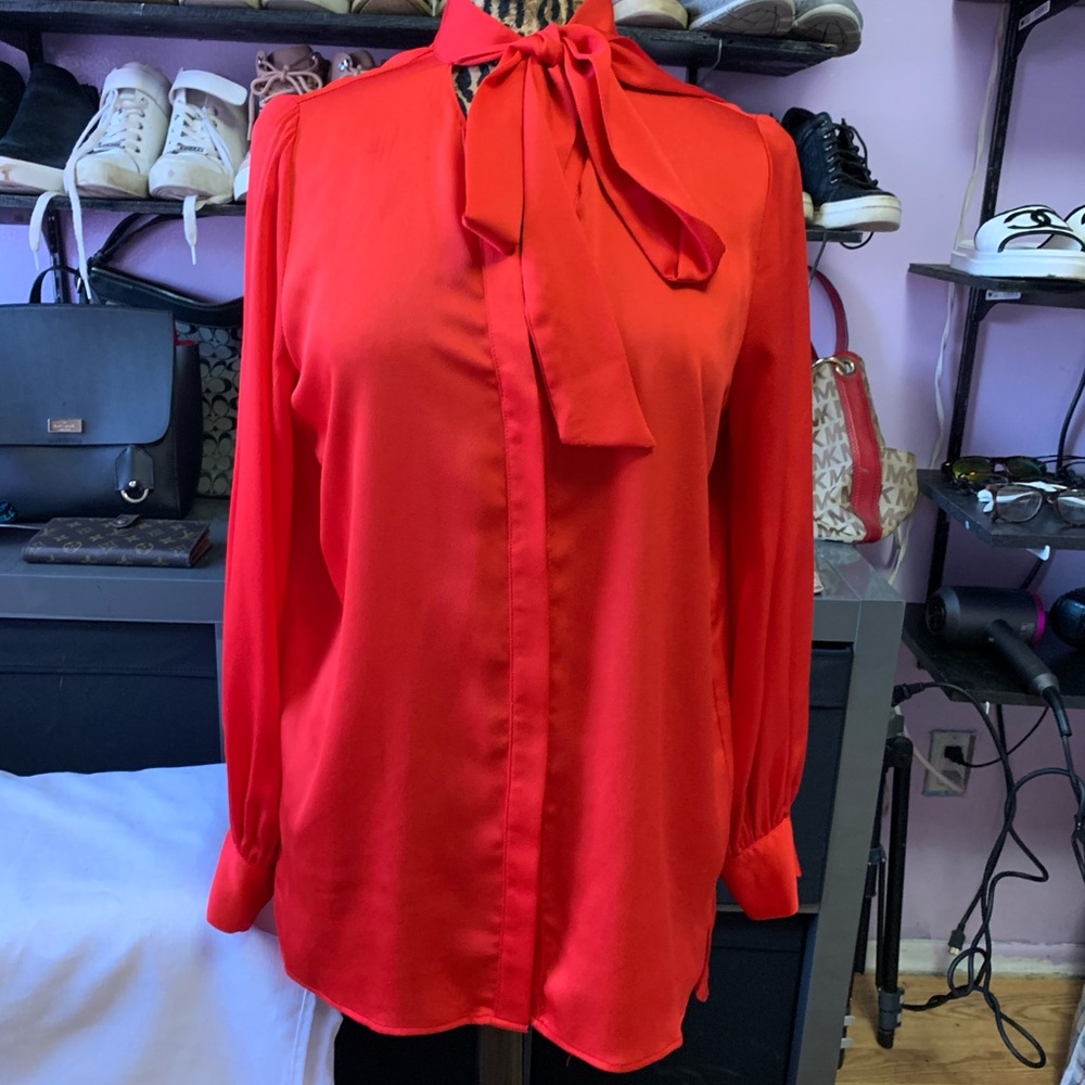 BCBG Red satin blouse with neck tie